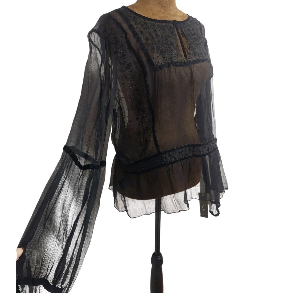 ECI Women's Blouse Top Size L Black Sheer Silk Whimsigoth Dark Romantic Boho New
